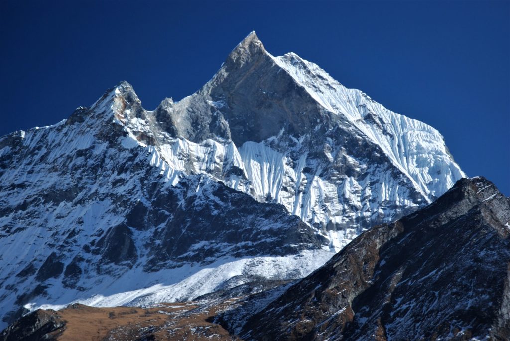 Machhapuchhare, a sacred and forbidden peak reaching almost 7000m, has never been climbed