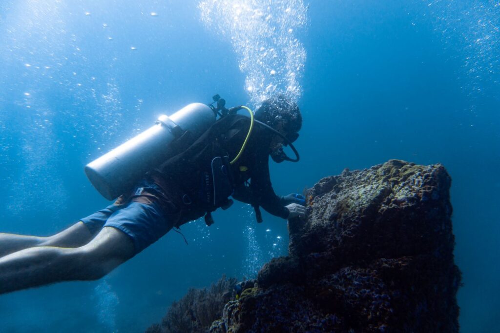 Kris Scope replanting corals on the reef, Ko Tarutao, Thailand.